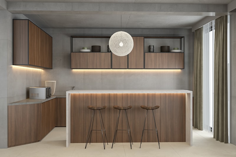 Walnut and concrete kitchen with bar stools
