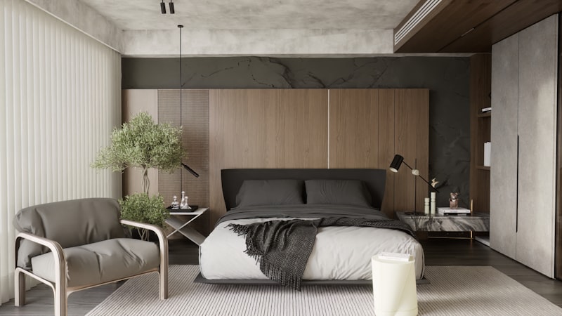 Dark walnut and charcoal bedroom with marble side table